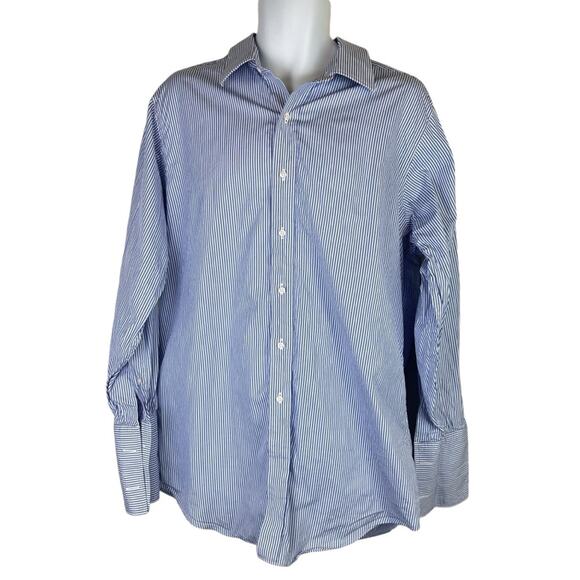 Saks Fifth Avenue Striped Dress Shirt Size 16.5 32/33 Blue White - Picture 1 of 6